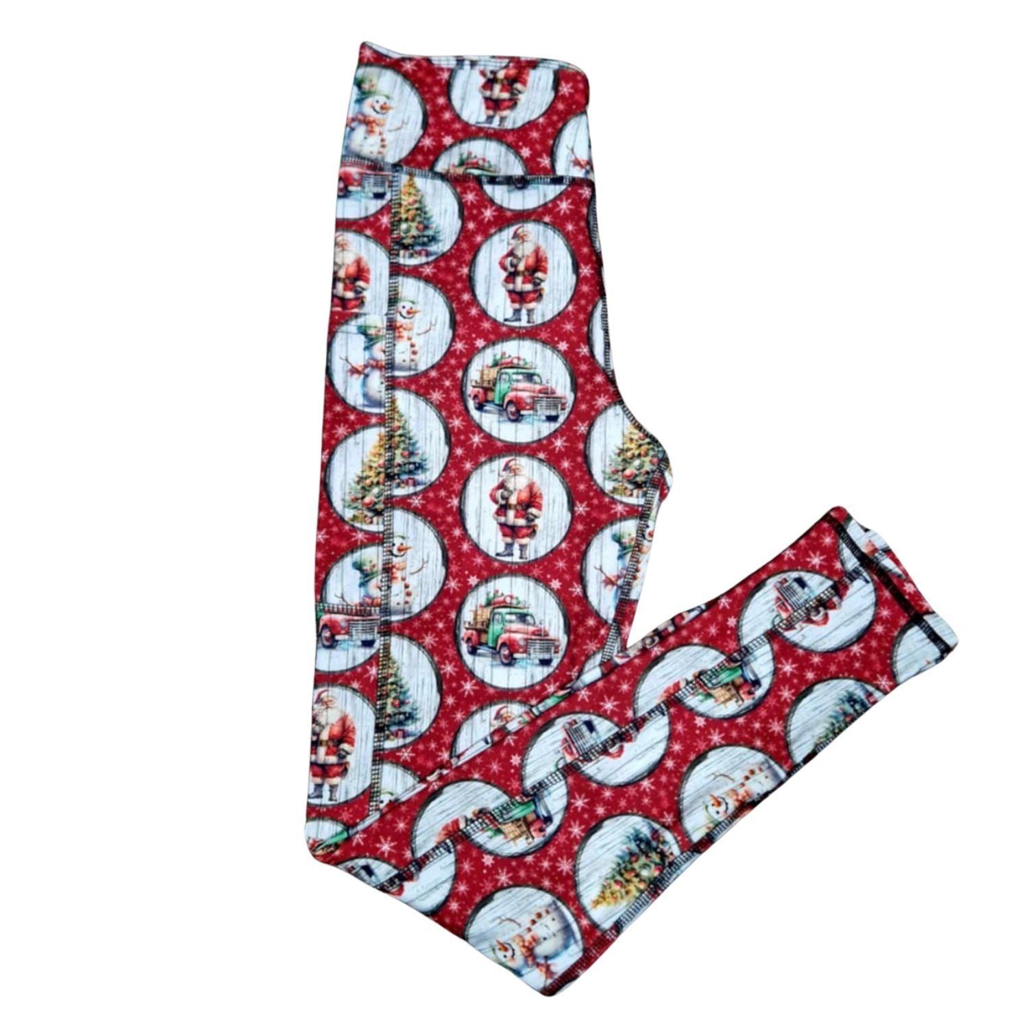 Funky Fit Vintage Noel – (Red background with circular frames: Santa, snowman, tree, truck)