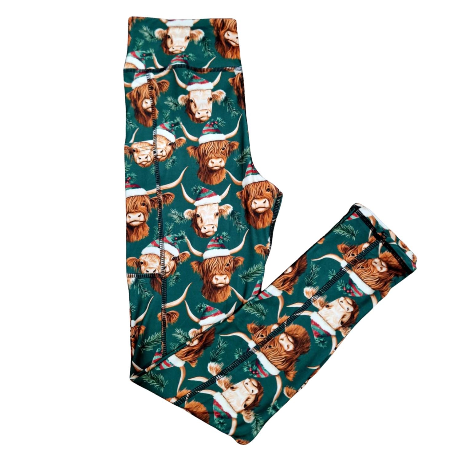 Funky Fit Highland Christmas – (Green background with Highland cows wearing Santa hats & wreaths)