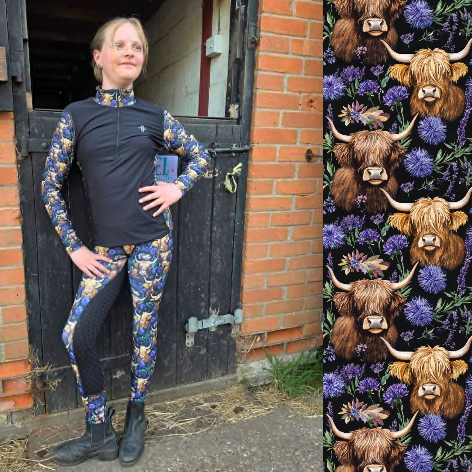 Funky Fit Spring Highland Cow Base Layers & Jodphurs Kids
