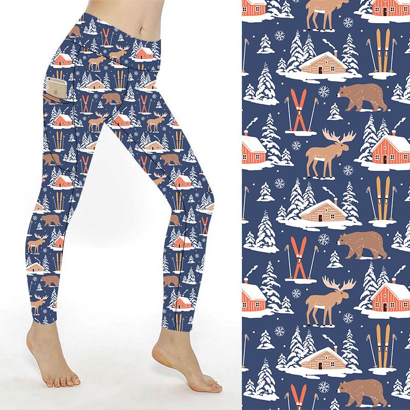 Funky Fit Alpine Lodge – (blue background with cabins, skis, bears & moose)