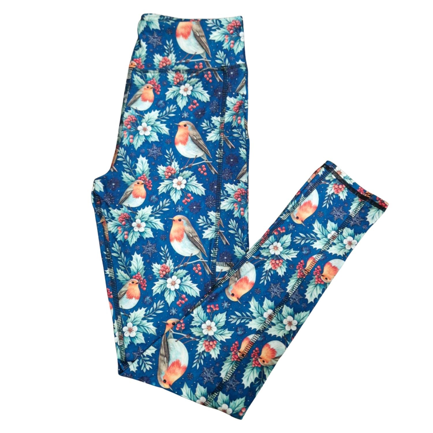 Funky Fit Robin’s Winter Song – (Navy background with robins, holly, poinsettias)