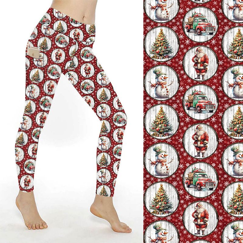 Funky Fit Vintage Noel – (Red background with circular frames: Santa, snowman, tree, truck)