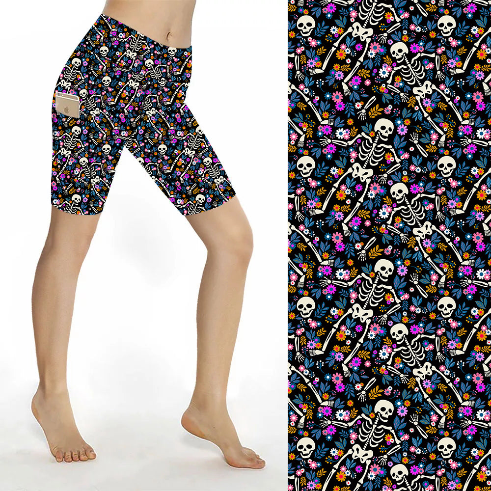 Funky Fit Sculpt Yoga Biker Shorts - Flowers & Skeletons