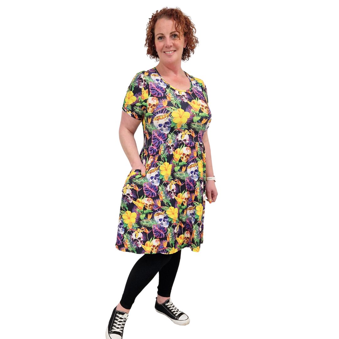 Funky Fit Vintage Skater Dress Tropical Skulls