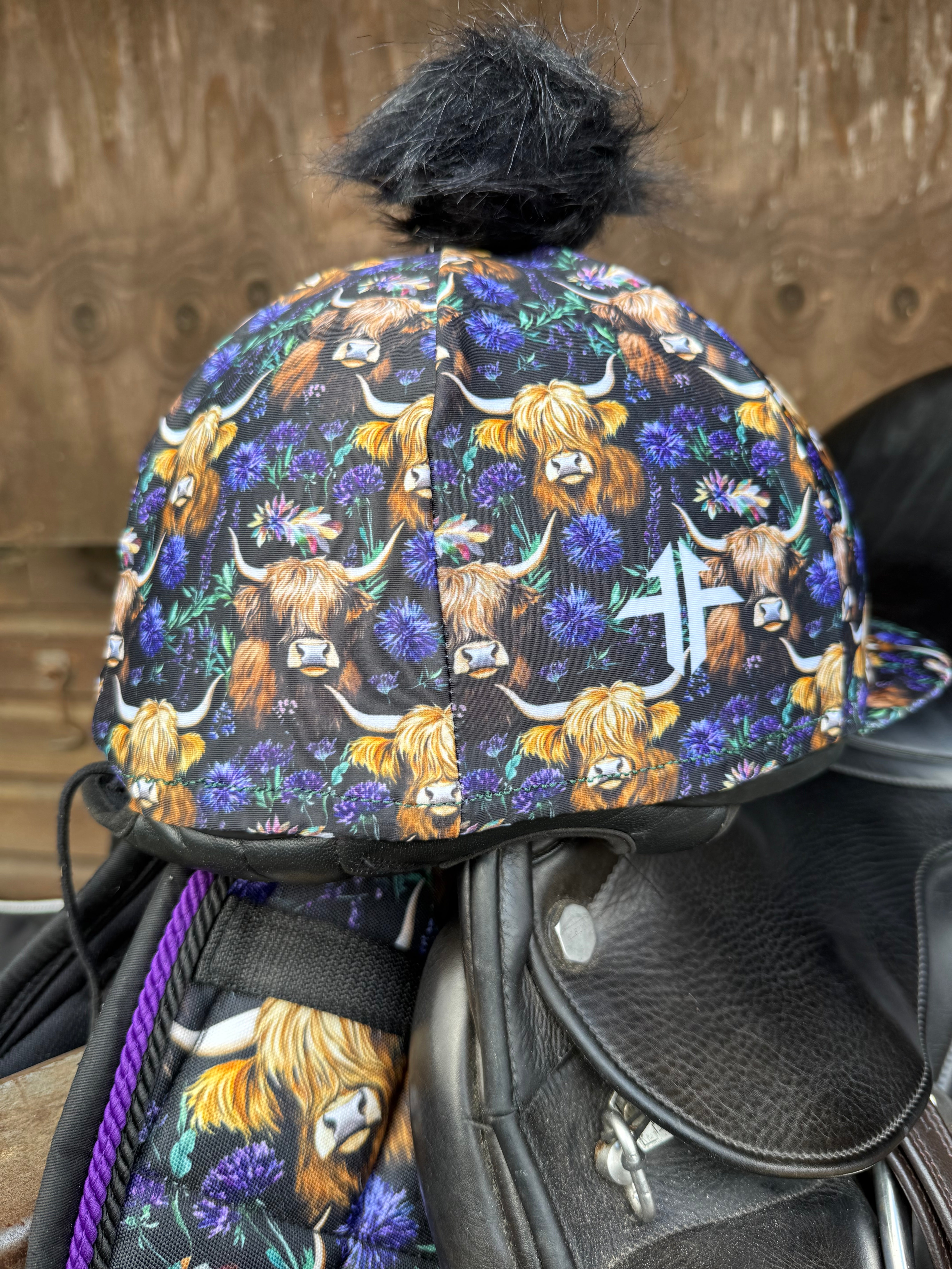 Funky-fit-equestrian-hat-silk-spring-highland-cow-jpg