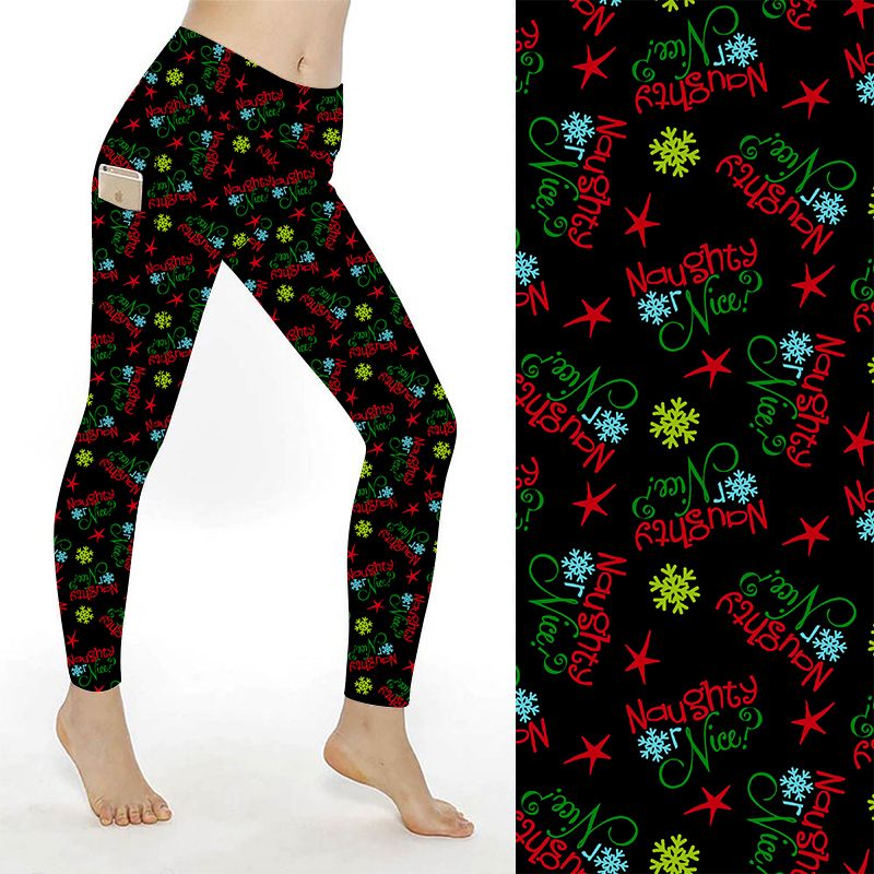 Funky Fit Naughty or Nice – (black background with red, green, blue text & snowflakes)