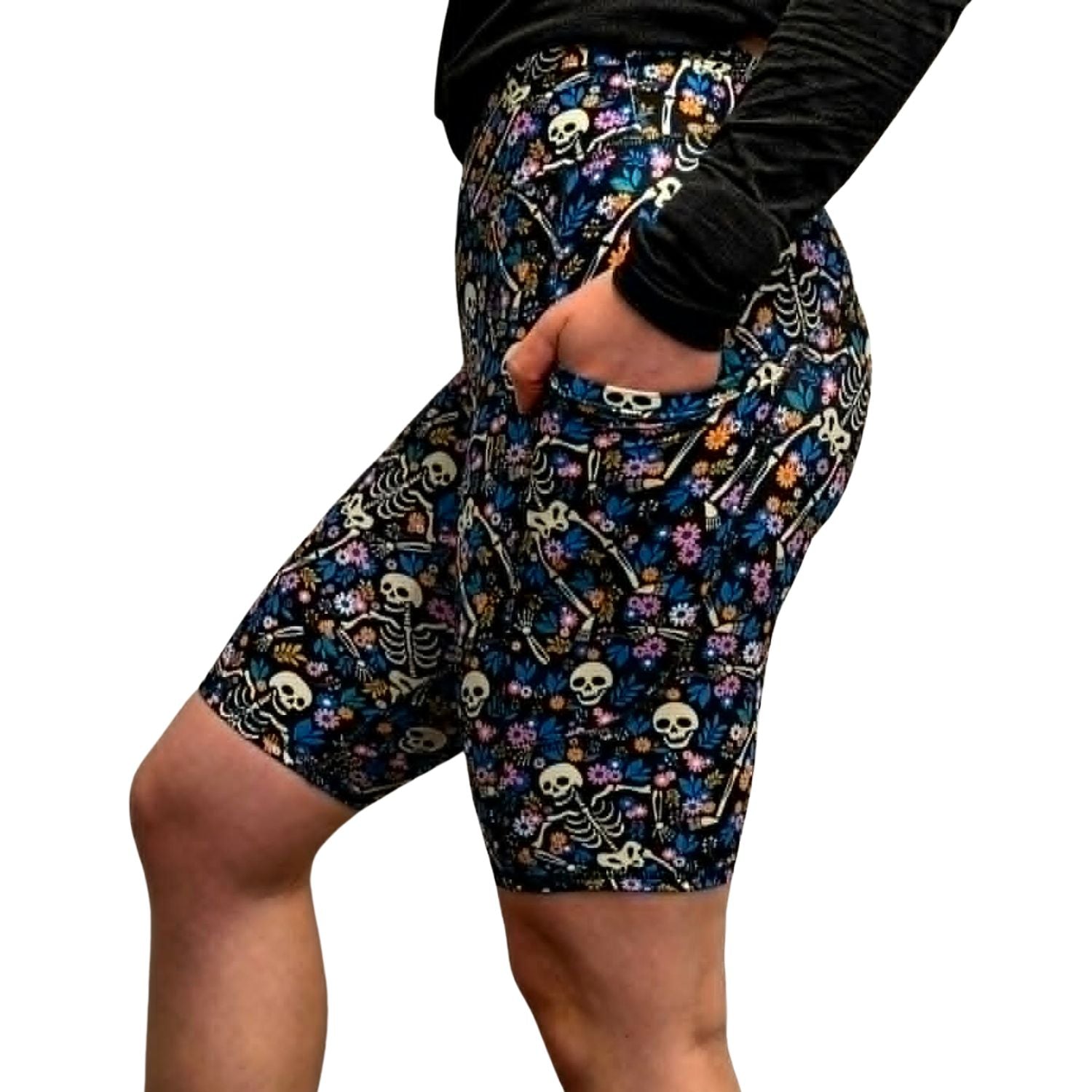 Funky Fit Sculpt Yoga Biker Shorts - Flowers & Skeletons