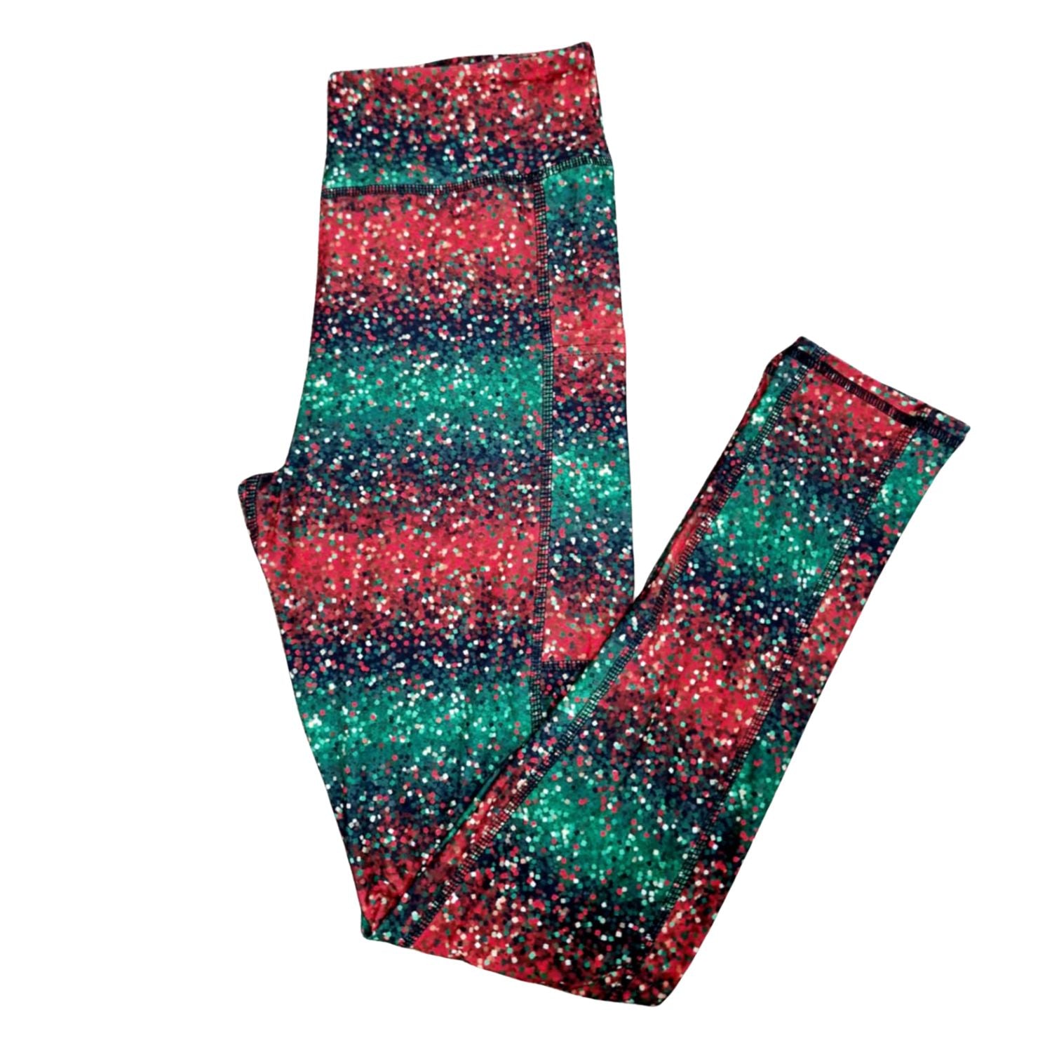 Funky Fit SCULPT Yoga Full Length Leggings - Holiday Glitter Glow – (Striped red &amp; green glittery design)