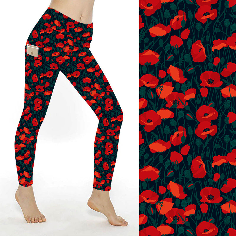 Funky Fit SCULPT Yoga Full Length Leggings - Poppy Bloom – (Red poppies on black background, non-Christmas but striking, Remembrance Day)