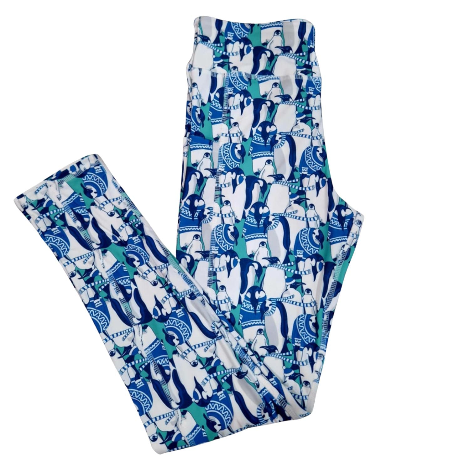 Funky Fit SCULPT Yoga Full Length Leggings - Frosty Friends – (Blue &amp; white penguins in scarves and hats)