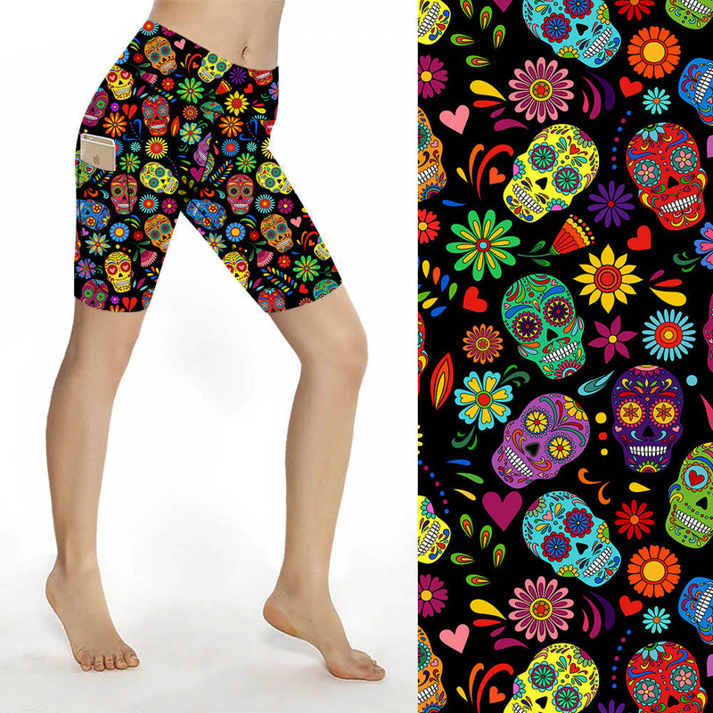 Funky Fit Sculpt Yoga Biker Shorts - Mexican Skulls