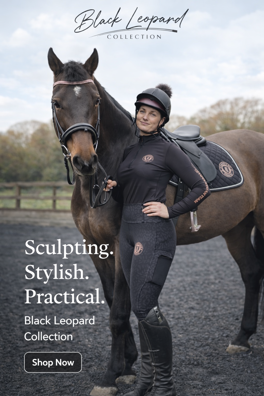 girl with dark bay horse in black and rose gold leopard jodphurs with matching top and horseware