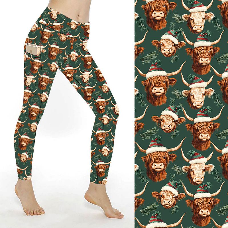Funky Fit Highland Christmas – (Green background with Highland cows wearing Santa hats & wreaths)
