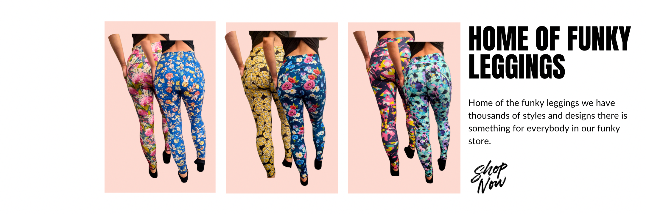 Promotional banner for funky leggings with colorful designs on a pink background.