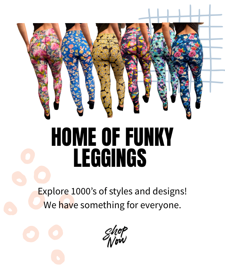 Colorful leggings with a promotional text about styles and designs on a white background.