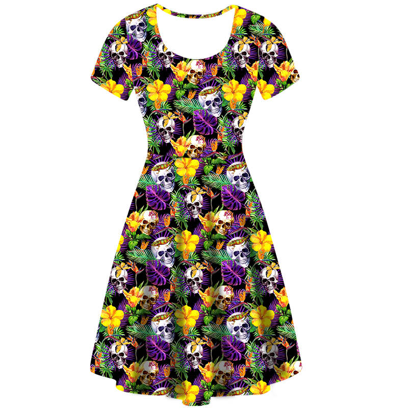 Funky Fit Vintage Skater Dress Tropical Skulls