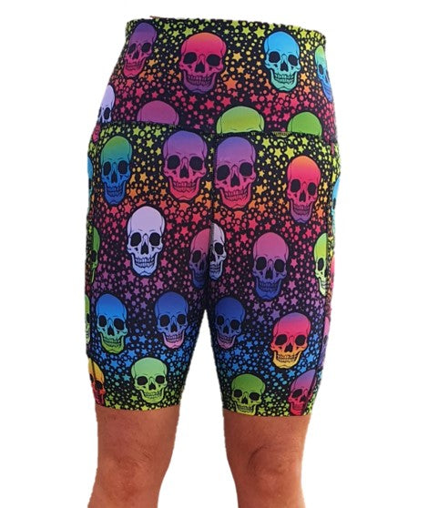 Funky Fit HI Biker Shorts - Neon Star Skulls