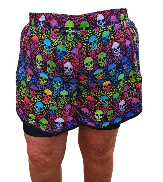 Funky Fit HI Duo Layer Gym Shorts- Neon Star Skulls